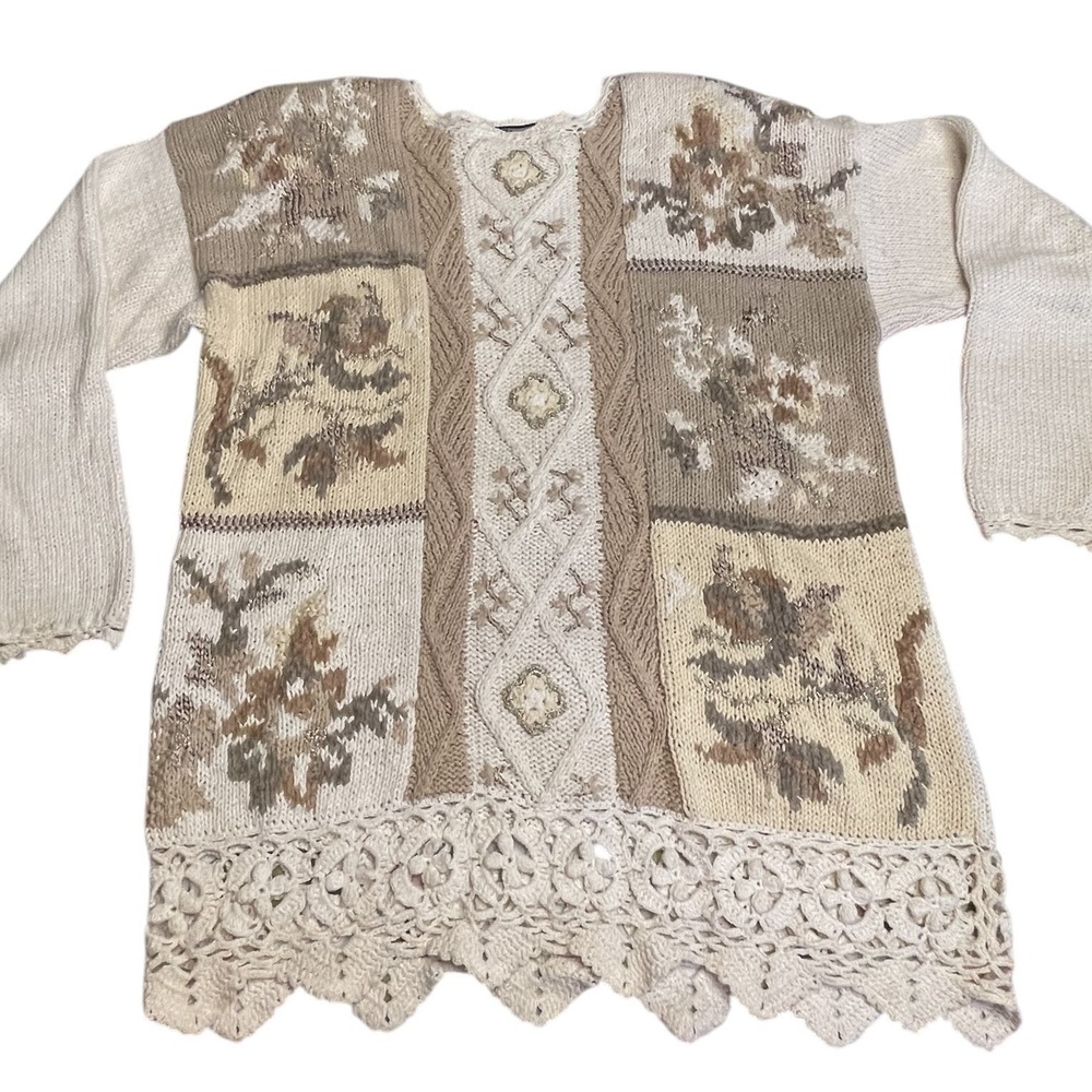 Vtg Private Collection Patchwork Knit Sweater Womens Size Large Cottage Grandma